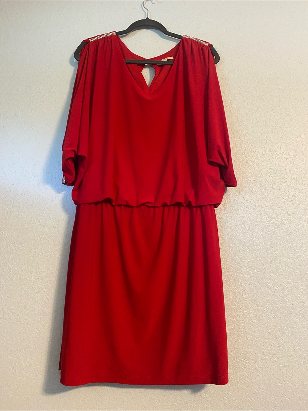 Red Prelude Midi Blouson Dress with V-Neck and Shoulder Detail